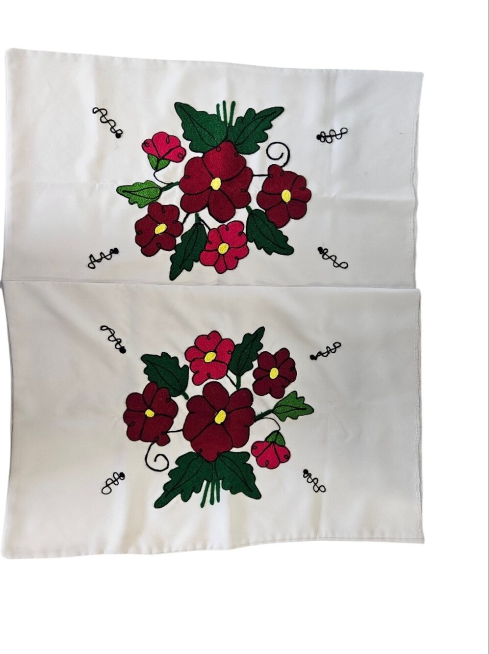 Hand-Embroidered Floral Cotton Pillow Casrs - Red & Green on White